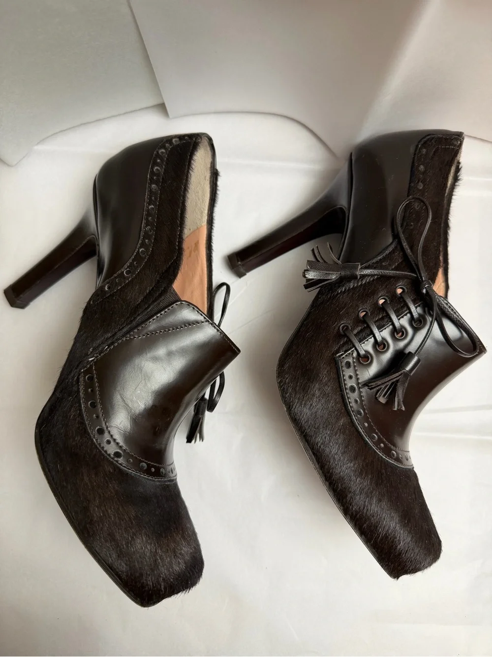 Nanette Lepore brown Fur & Leather Lace-Up Heels